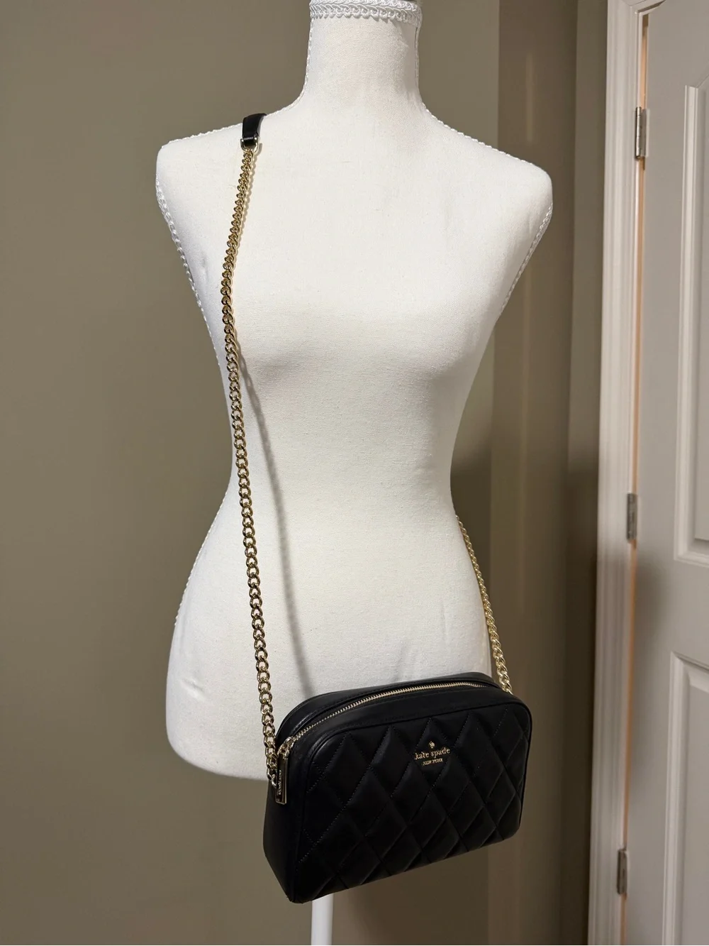 kate spade Black Quilted Leather Crossbody with Gold Chain